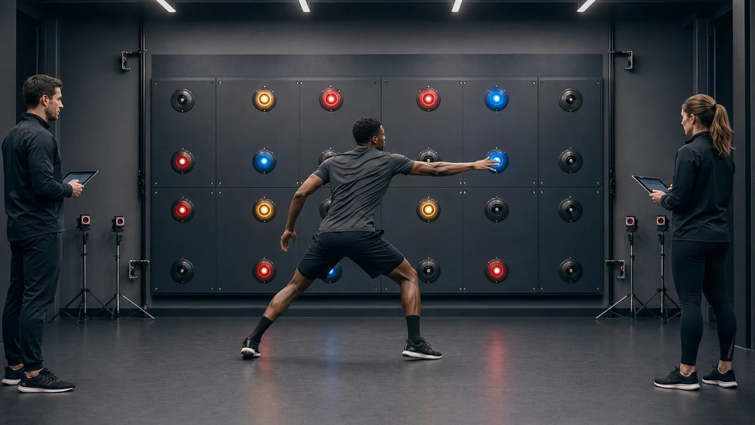 Athlete centered in a supervised illuminated choice-reaction test while two evaluators record performance from the sides