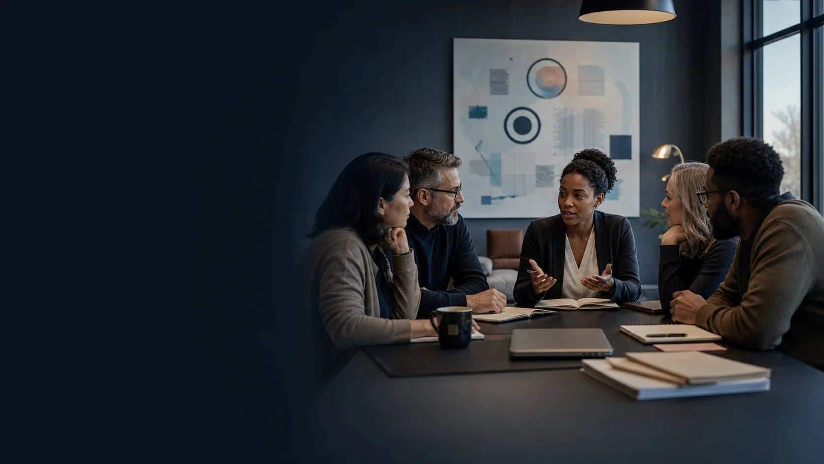 Conceptual editorial illustration of adult prevention practitioners collaborating around a table