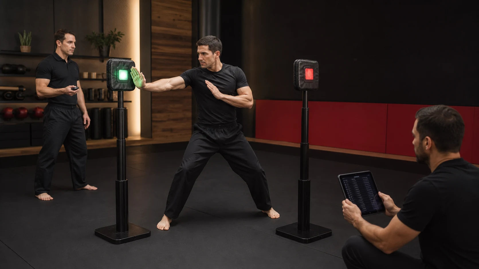 Martial artist performing a supervised green-cue go and red-cue no-go decision drill without contact or weapons