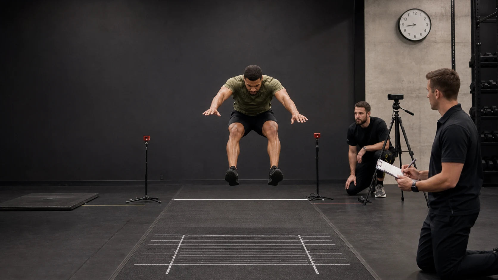 Athlete completing a standardized broad-jump assessment with marked landing area and independent evaluators