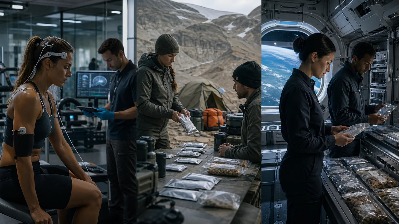 Three-part concept showing supervised human-performance testing, compact nutrition supplies at a remote field camp, and crew nutrition logistics inside a future spacecraft