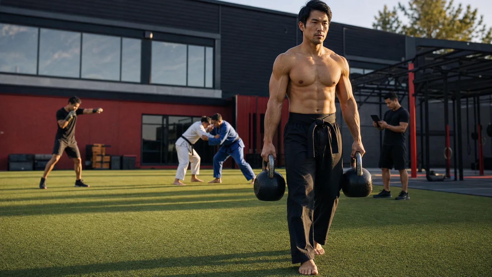 Martial artist completing a farmer's carry while other adults practice boxing, judo, and supervised performance training
