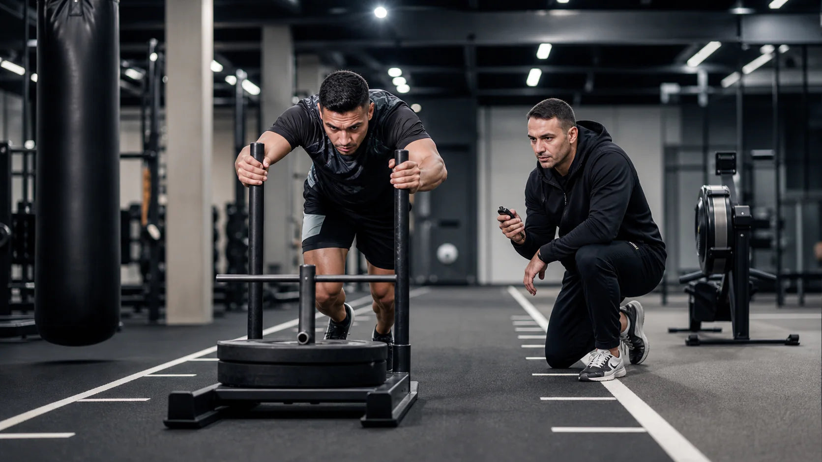 Adult athlete driving a resistance sled during a timed interval while a coach supervises