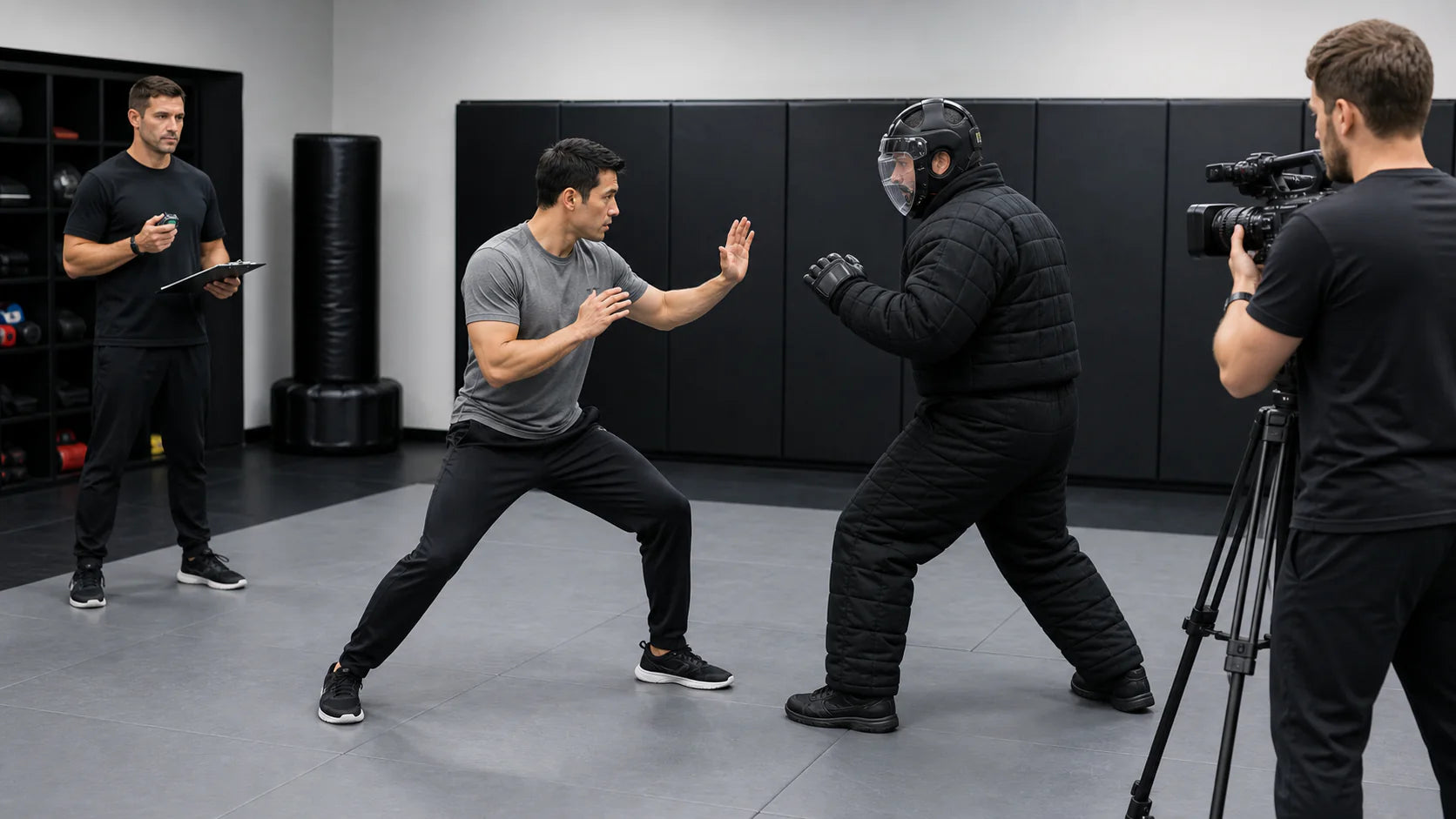 Supervised non-contact martial-arts scenario with a padded role player, instructor, stopwatch, and camera operator