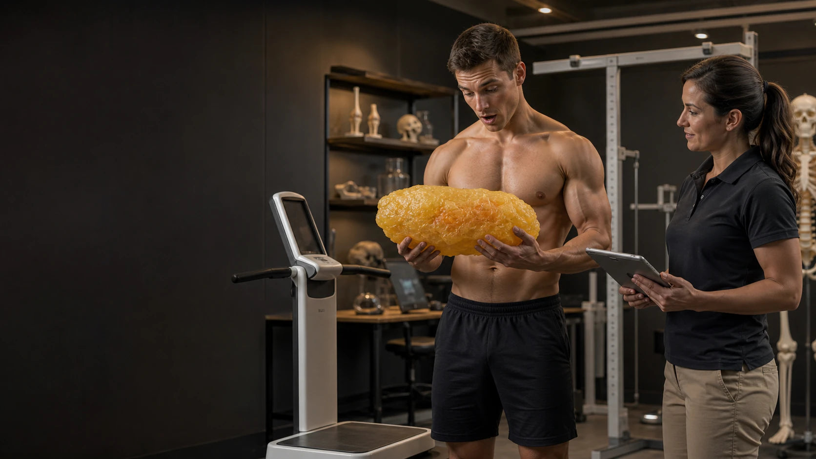 Conceptual educational scene of a lean 200-pound athlete examining a model representing approximately 20 pounds of stored body fat with a performance professional