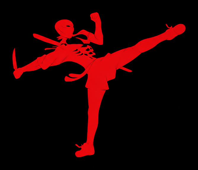 Original red Art of Survival martial artist kicking artwork, reproduced directly from the founder-supplied source