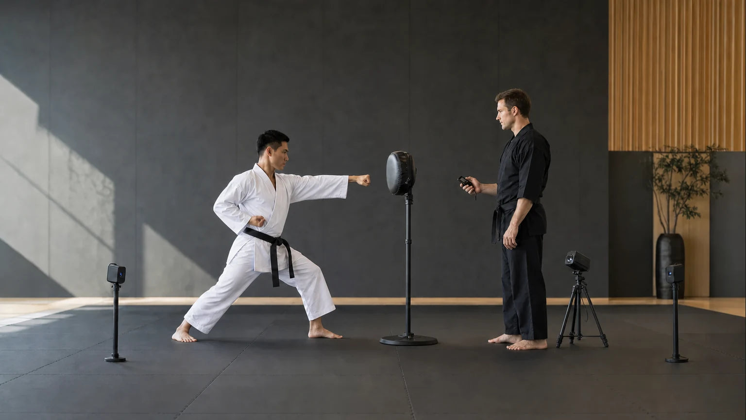 Martial artist extending a correctly aligned straight punch toward a supervised test pad while a coach records timing