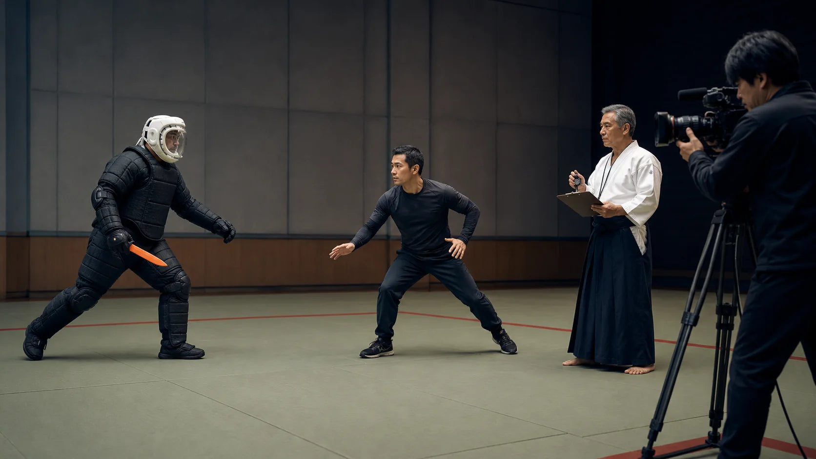 Supervised non-contact martial arts scenario with a padded role player, inert orange training prop, instructor, stopwatch, and documentary camera