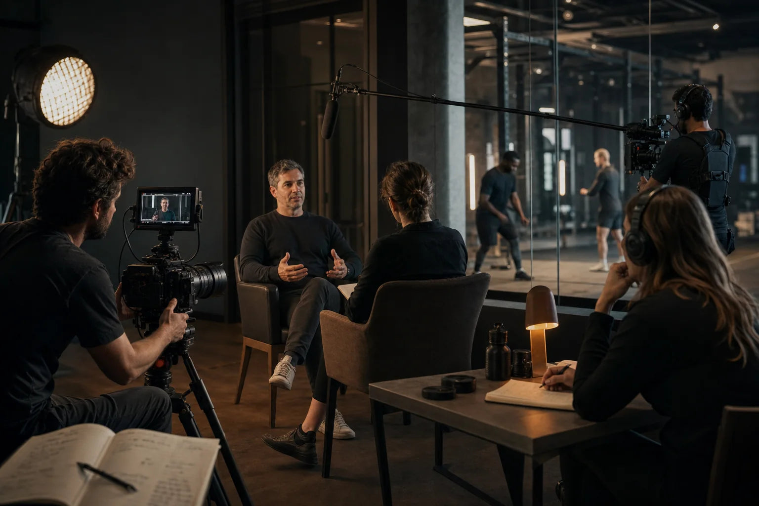 Documentary camera and audio crew preparing to record a supervised human-performance story