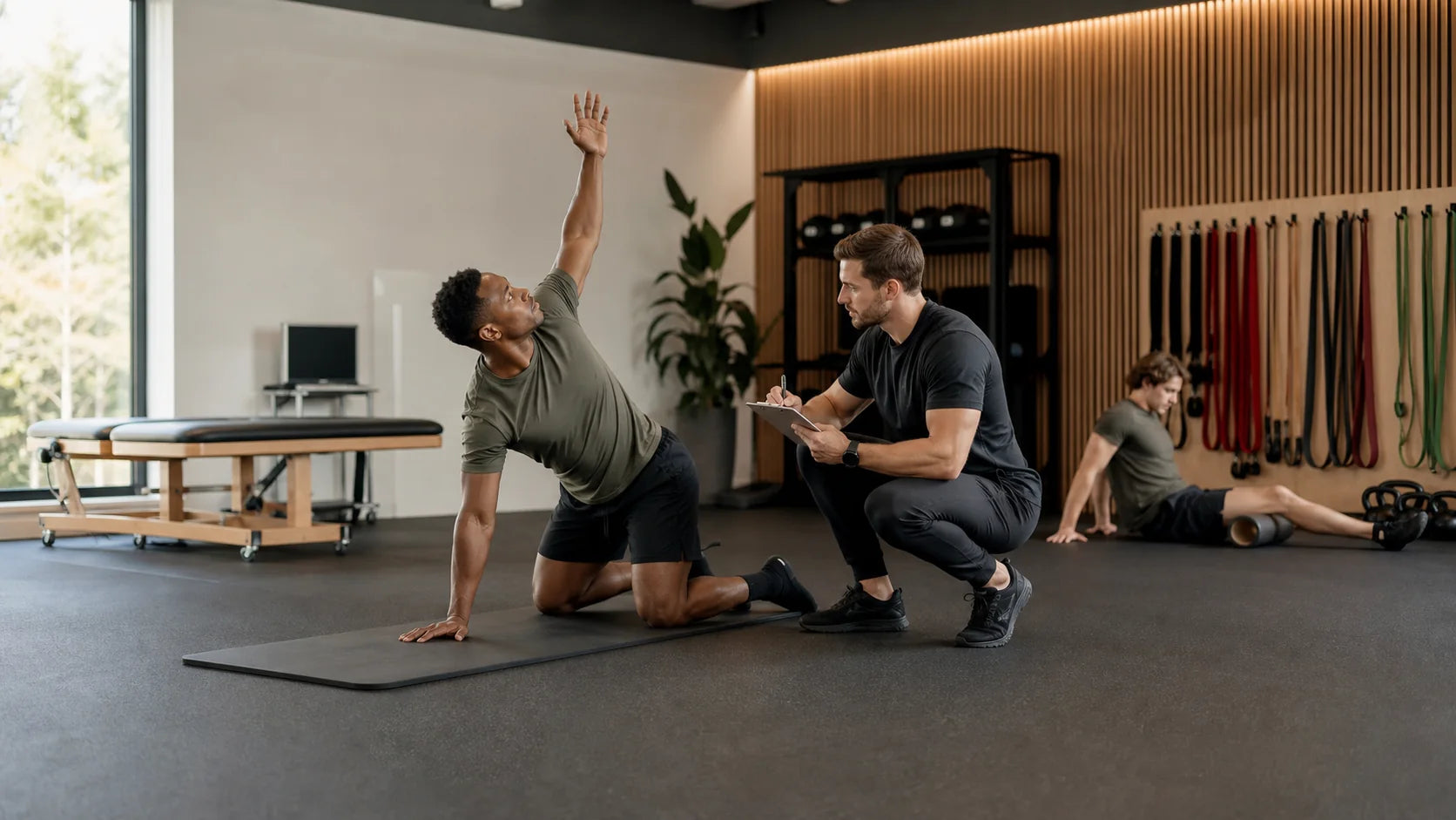 Athlete completing a supervised mobility drill while a coach records observations in a professional recovery room