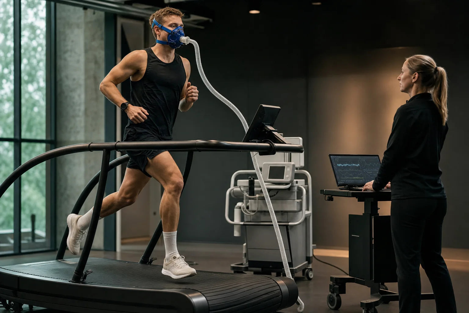 Conceptual editorial illustration of supervised metabolic testing in a human-performance laboratory