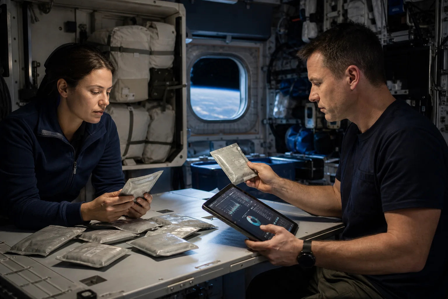 Conceptual editorial illustration of compact nutrition during an aerospace resupply contingency