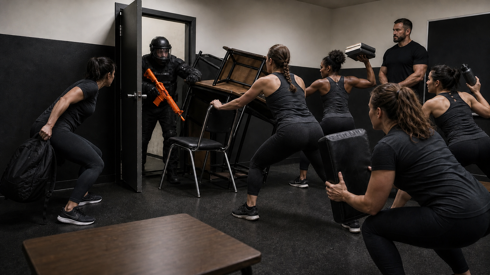 Martial-arts proficiency scenario with a padded role player, improvised barriers, multiple defenders, and an observing trainer