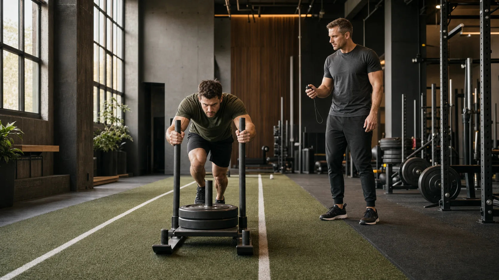 Athlete completing a timed weighted-sled effort under qualified coaching