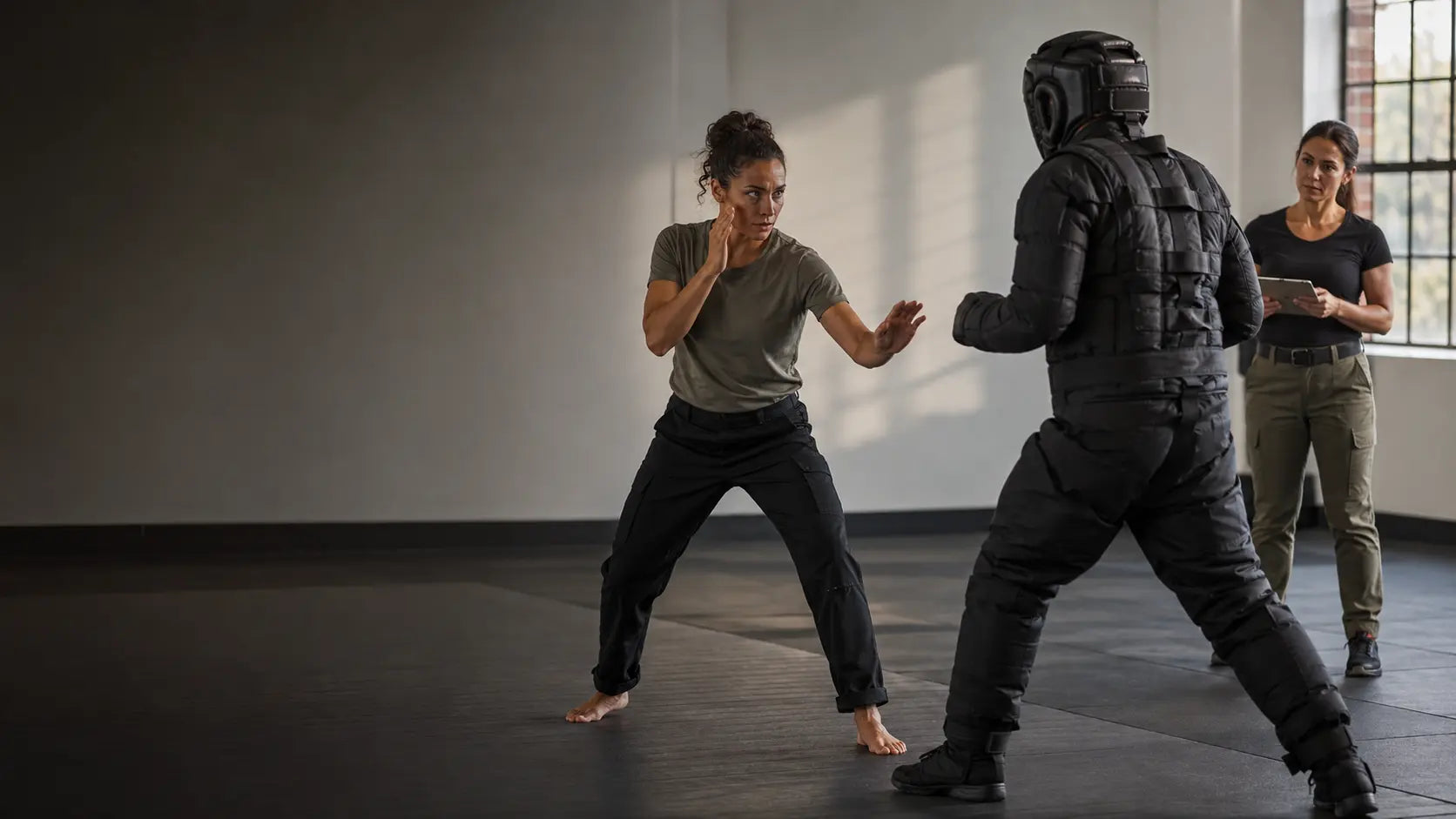Woman practicing a supervised self-defense scenario with a fully padded role player and woman evaluator