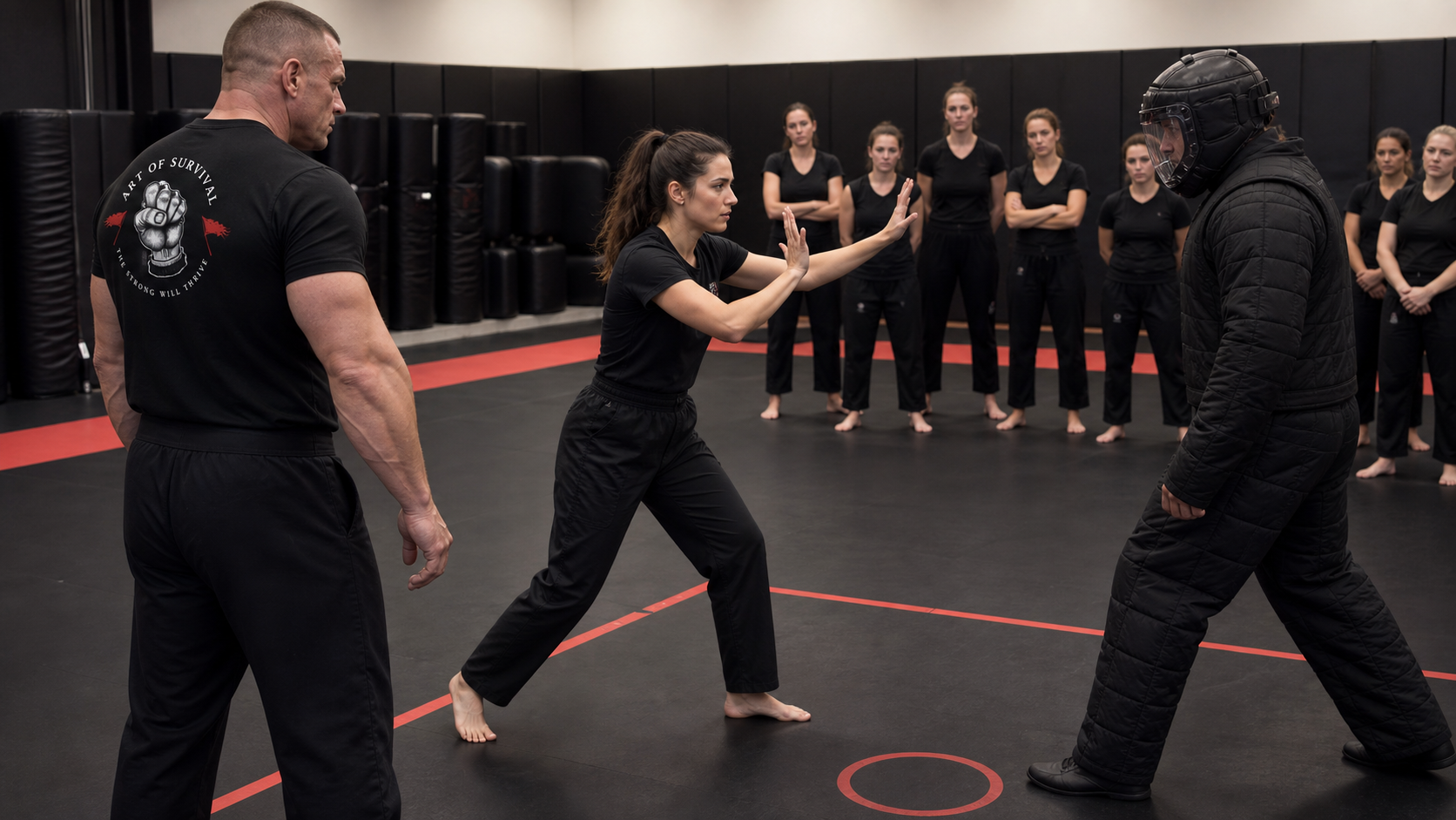 Woman training in a supervised martial-arts scenario with a padded role player and instructor