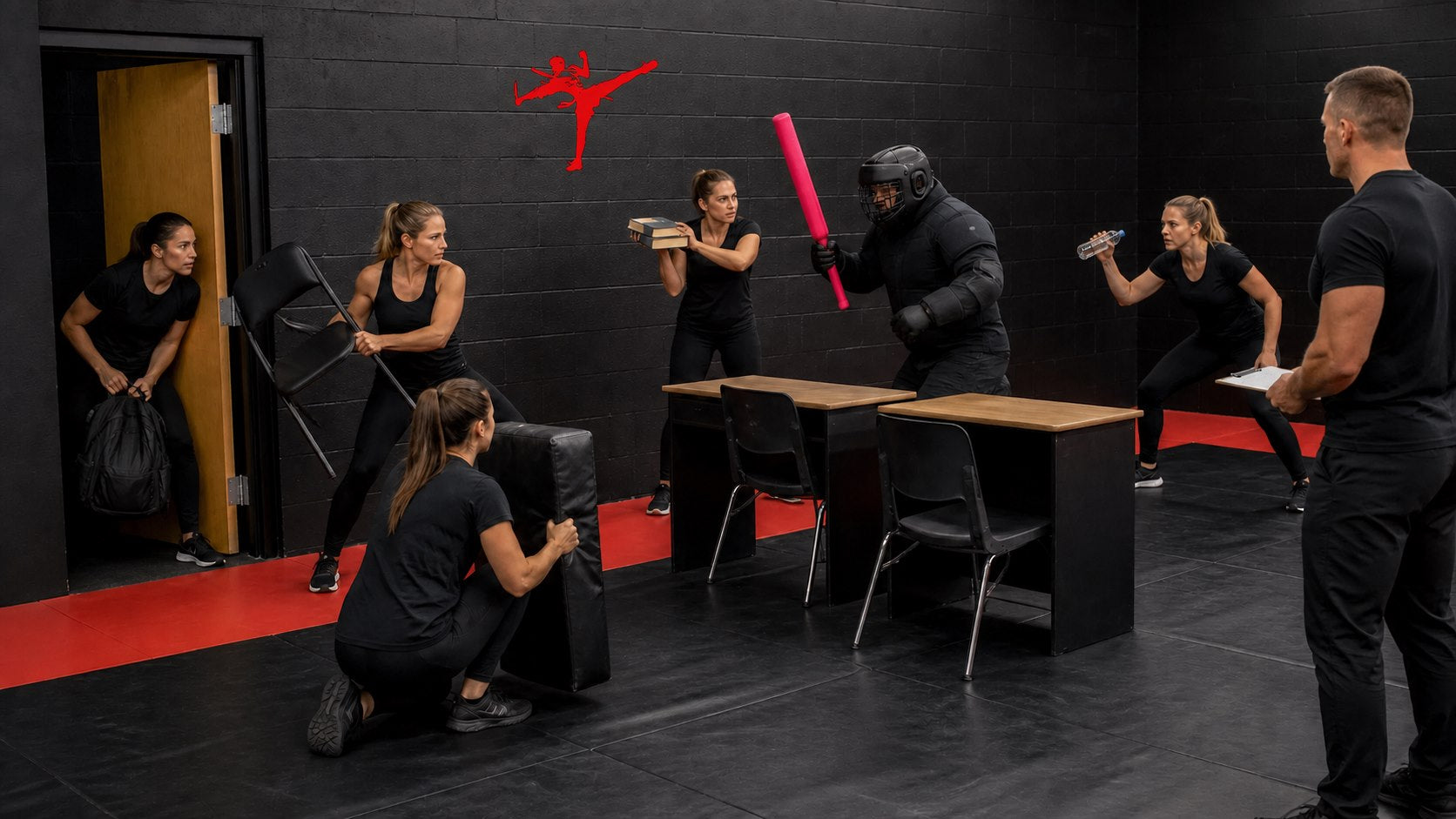 Multiple defenders preparing improvised defensive responses against a padded role player while a trainer observes with a clipboard