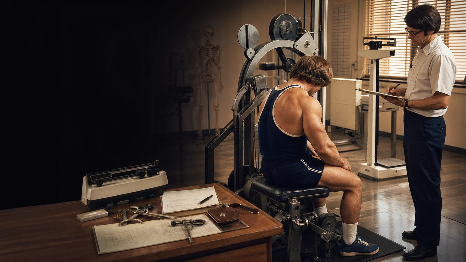 Editorial reconstruction of a 1973 supervised strength demonstration, used for historical analysis rather than as an authentic photograph