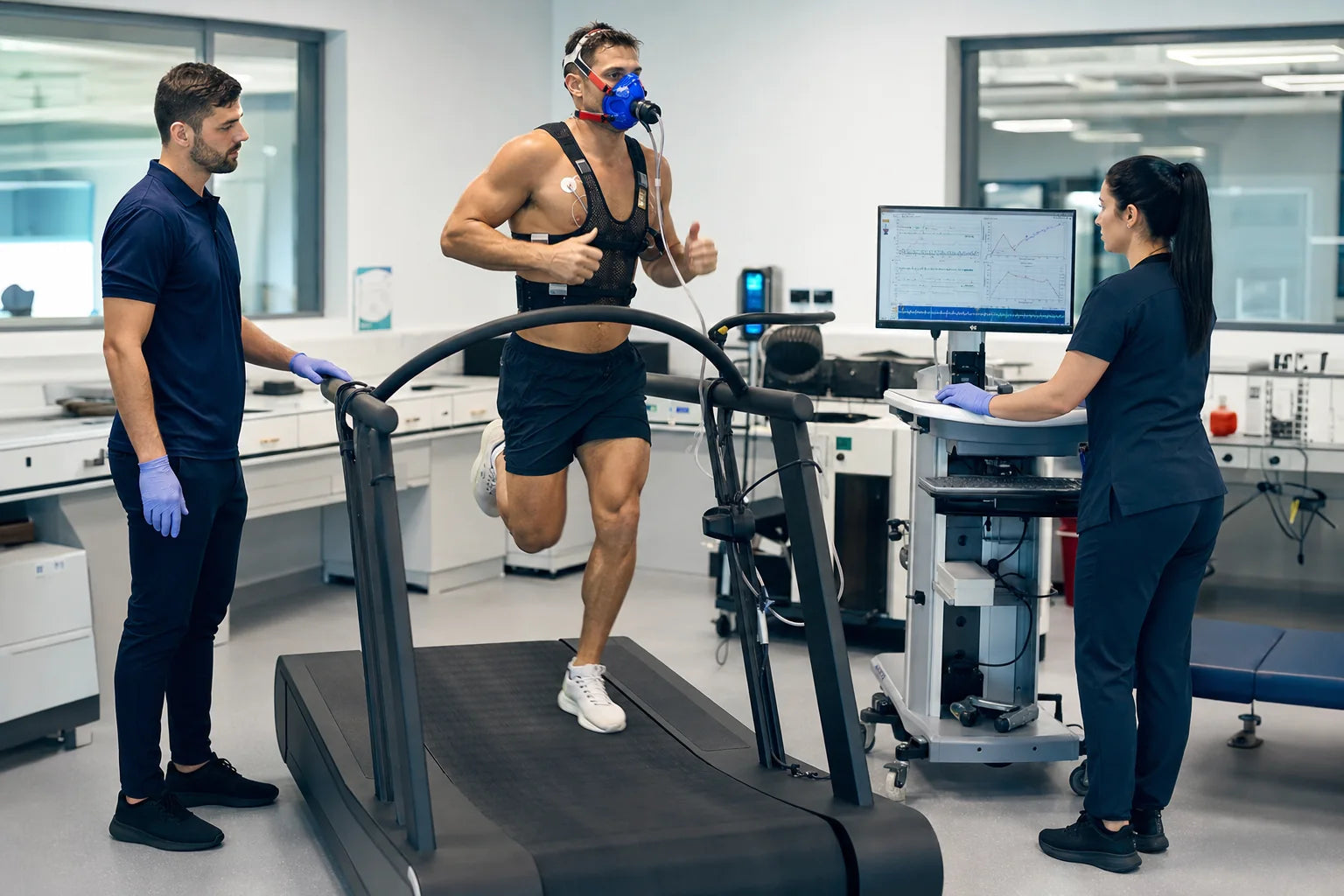 Conceptual editorial illustration of a supervised metabolic assessment