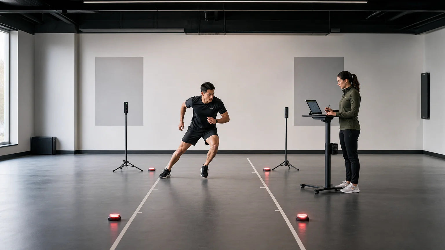Conceptual editorial illustration of a supervised non-contact reaction and footwork test