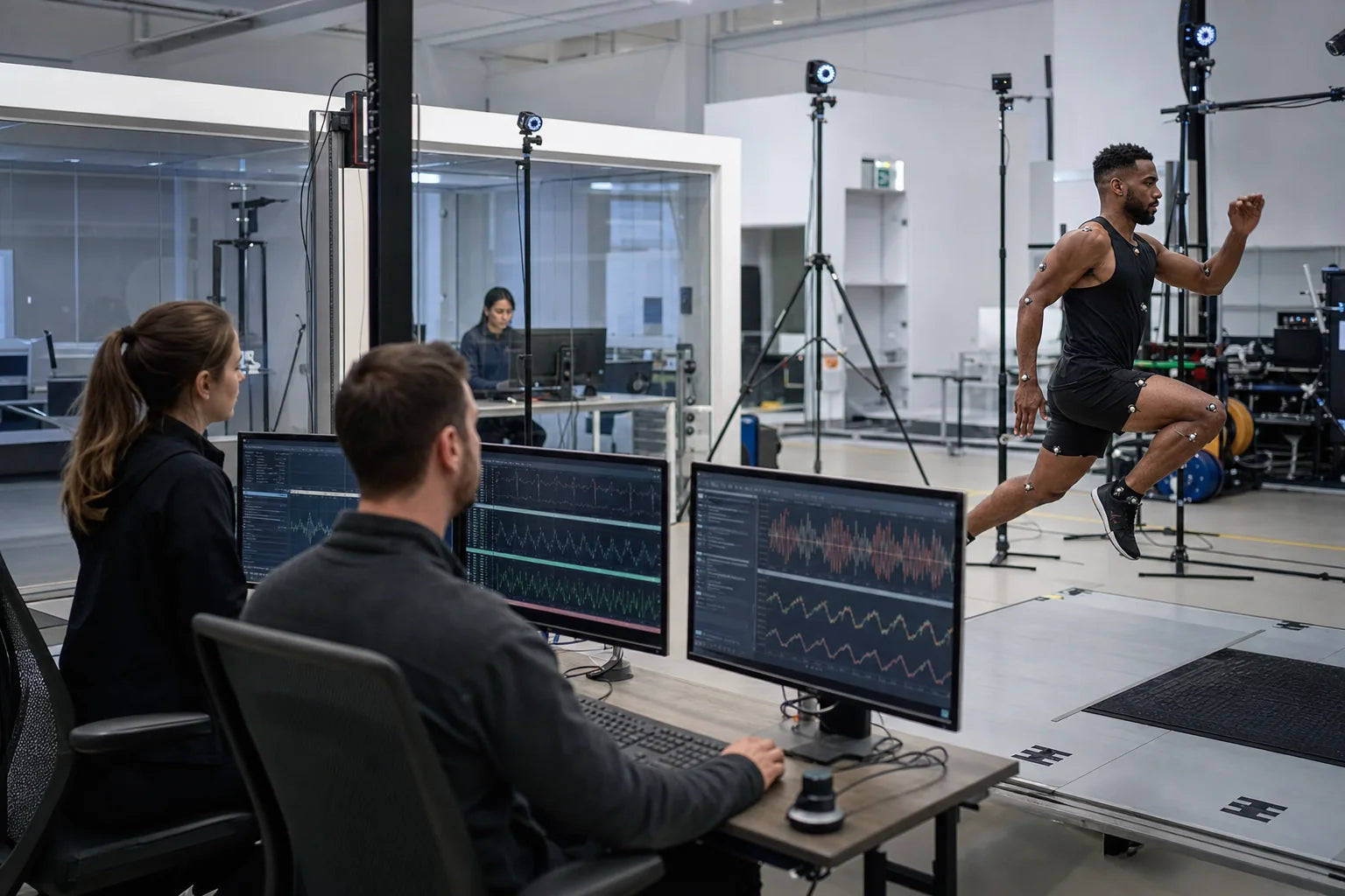 Researchers validating synchronized movement and performance measurements
