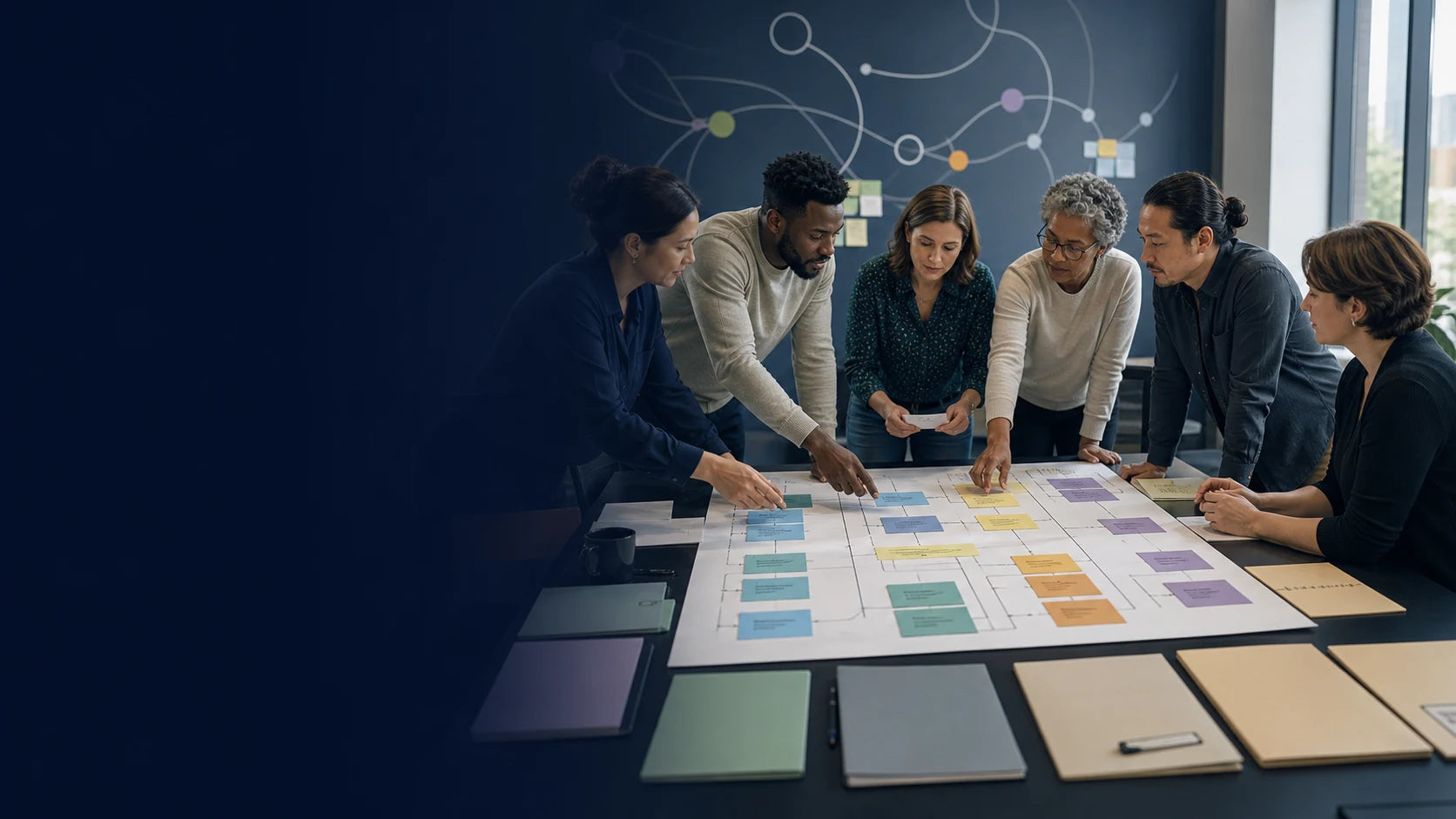 Conceptual editorial illustration of adult prevention specialists mapping distinct services into a coordinated public system