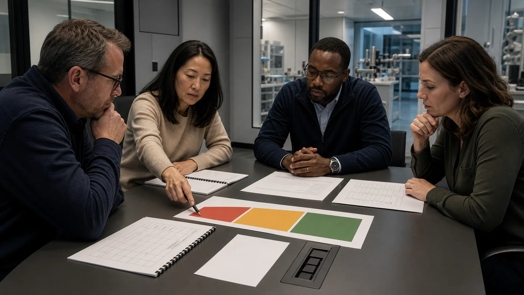 Conceptual illustration of scientific reviewers examining protocol documents and decision boundaries