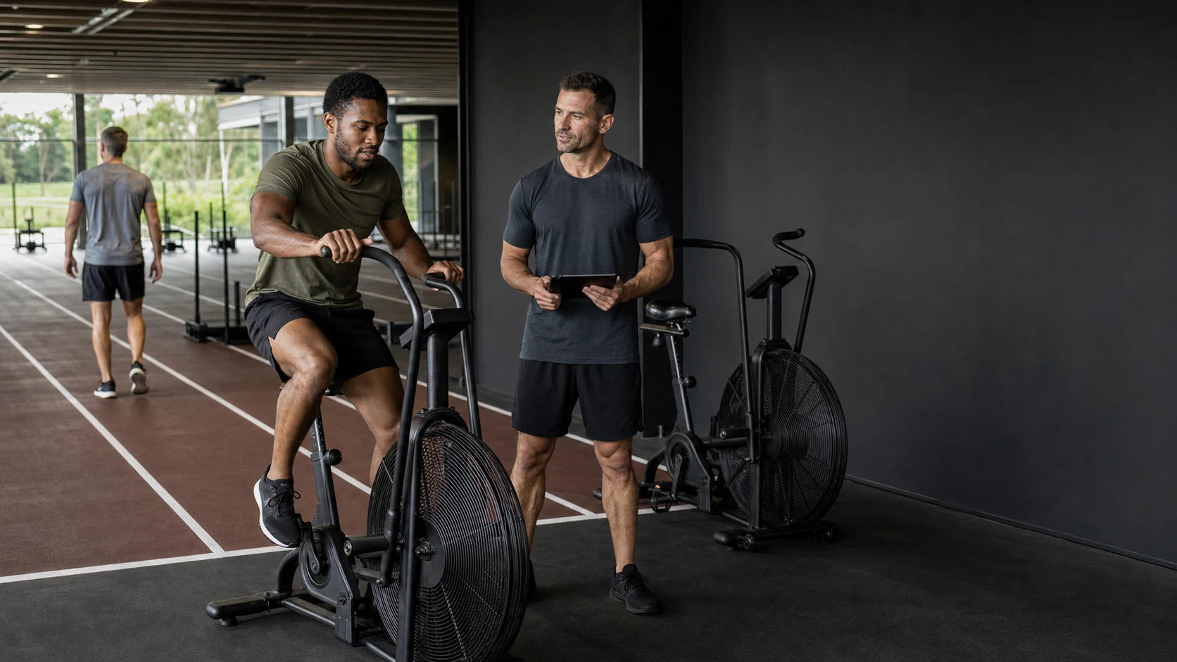Athlete completing a sustainable air-bike conditioning session while a coach records pace and recovery