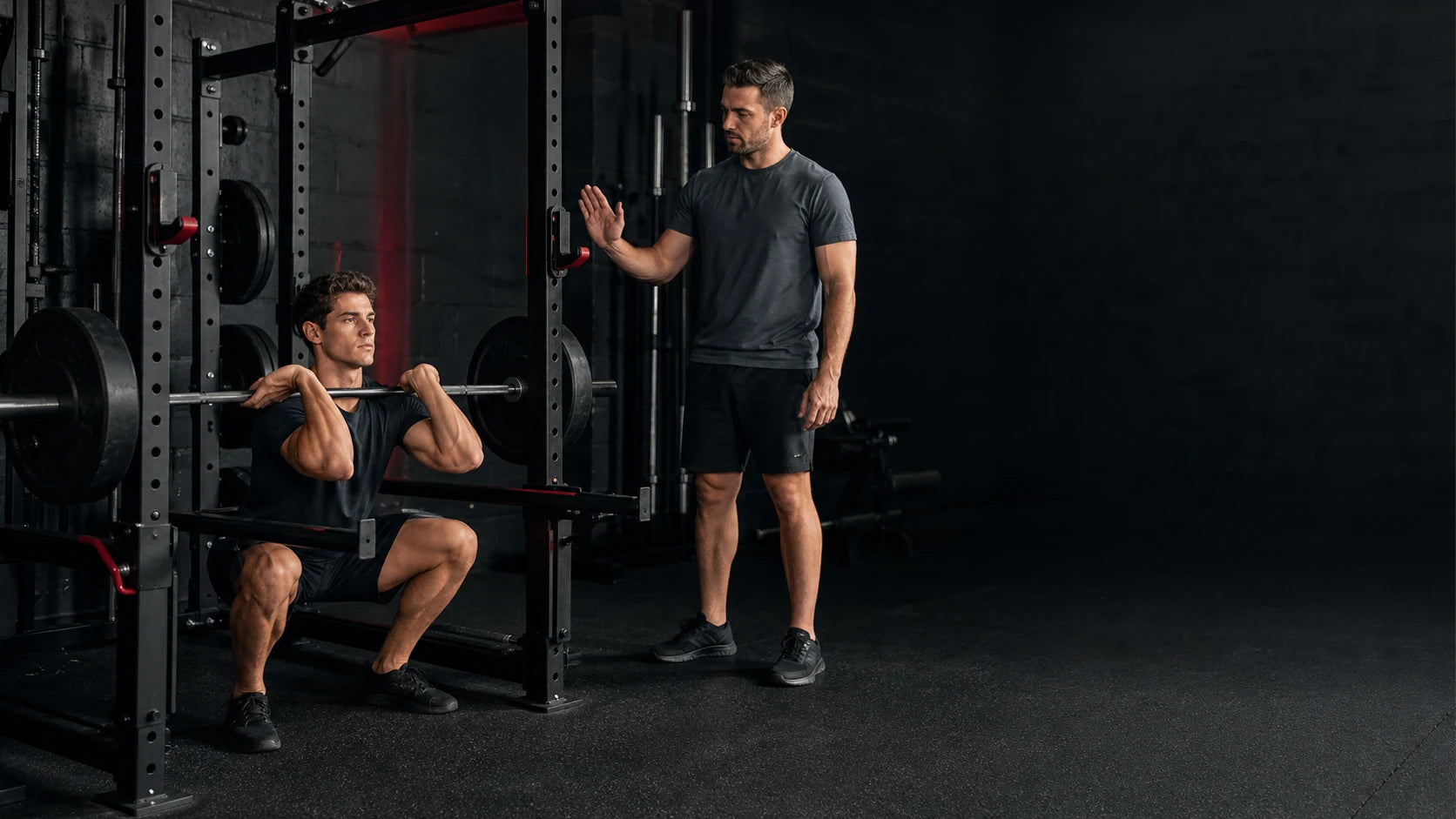 Athlete performing a controlled front squat while a coach monitors technique and effort