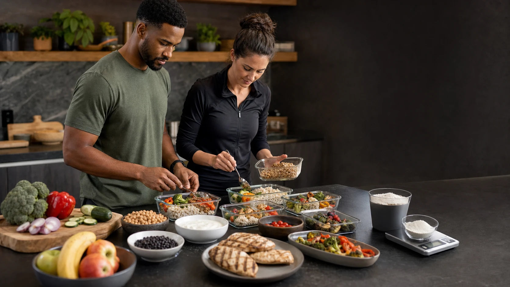 Athlete and sports dietitian preparing ordinary whole foods with a separate neutral amino-acid powder sample