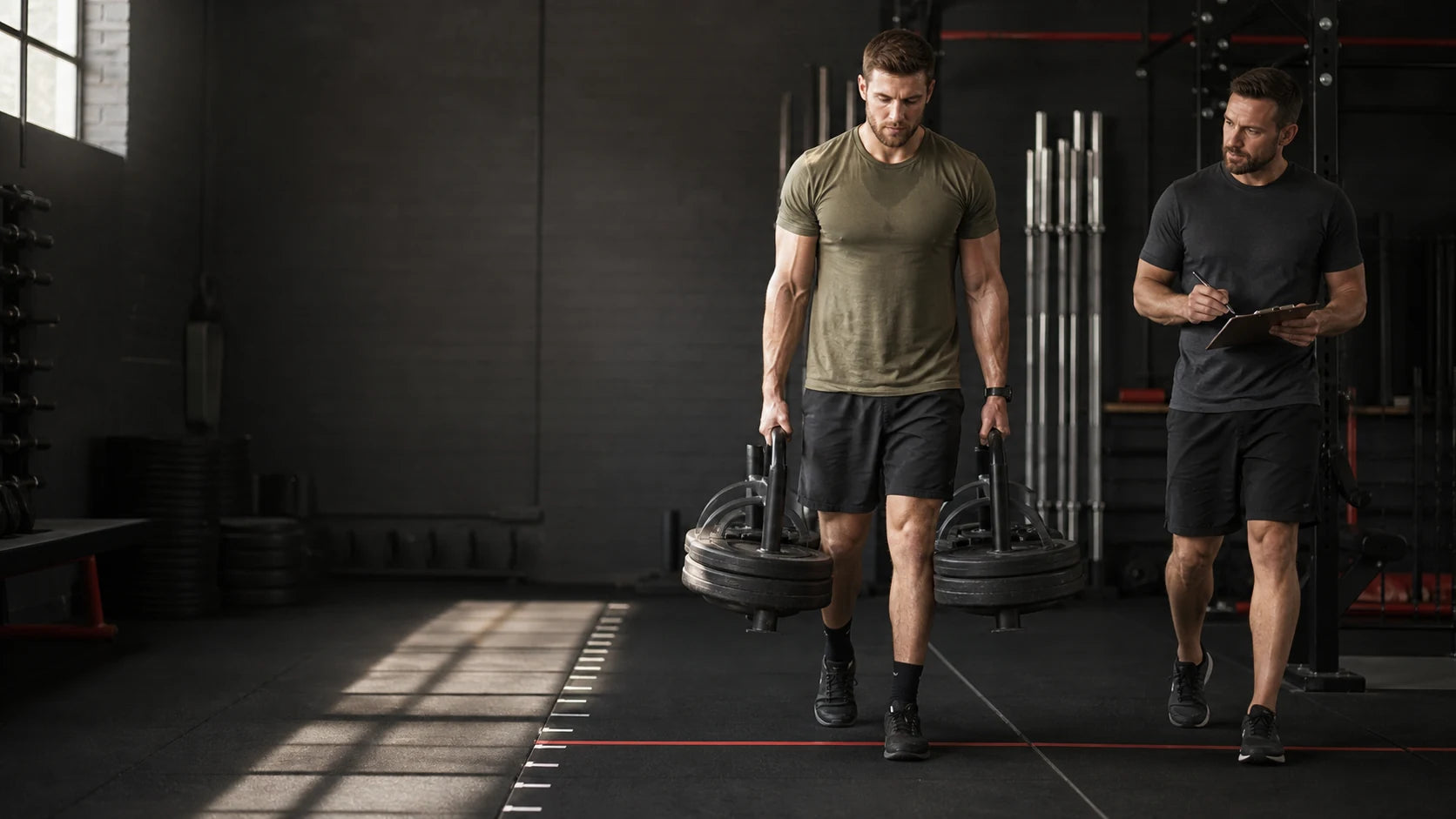 Athlete carrying matched weights through a marked training lane while a coach scores the effort