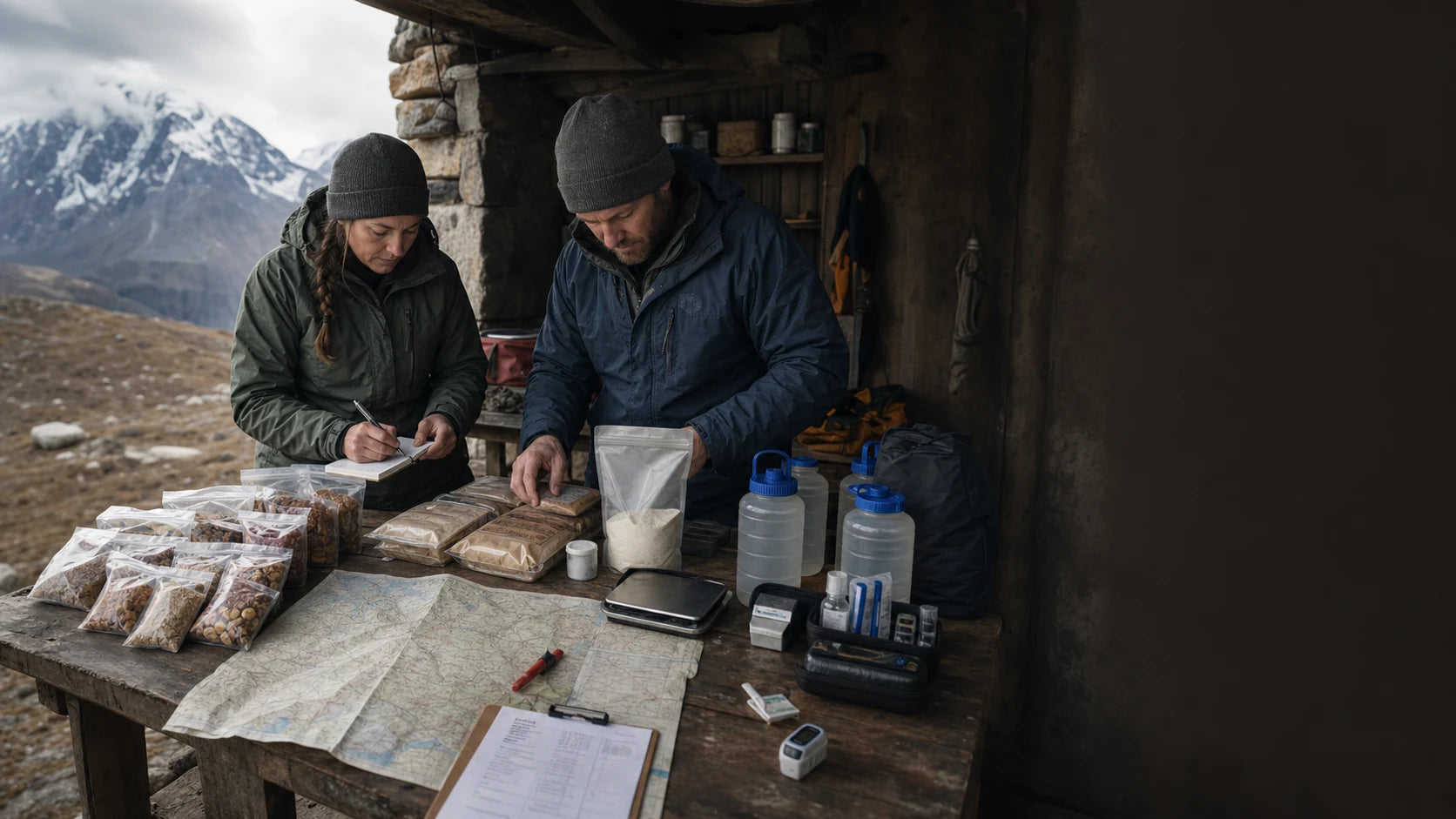 Remote expedition team organizing ordinary rations, water, electrolyte supplies, and a separate unbranded amino-acid powder sample