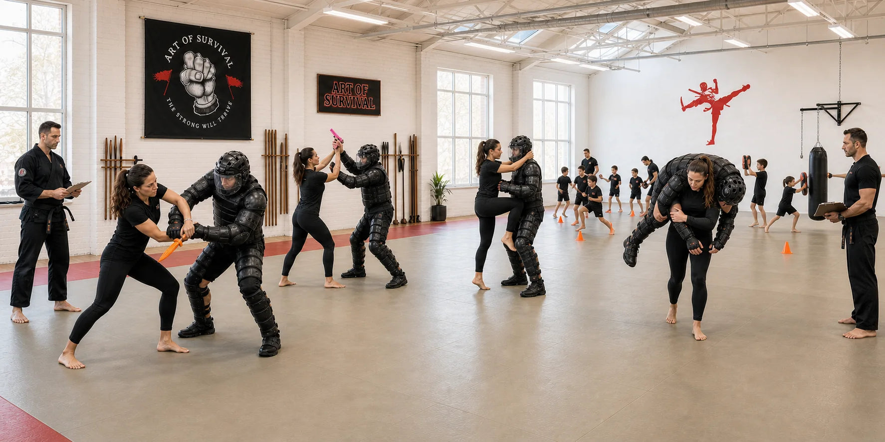 Bright martial-arts academy with supervised knife-wrist control, inert-pistol redirection, padded-opponent clinch and carry stations, plus youth cone and pad drills