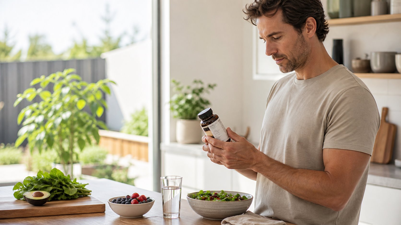 Customer reviewing a generic supplement bottle in a bright kitchen with moringa leaves nearby