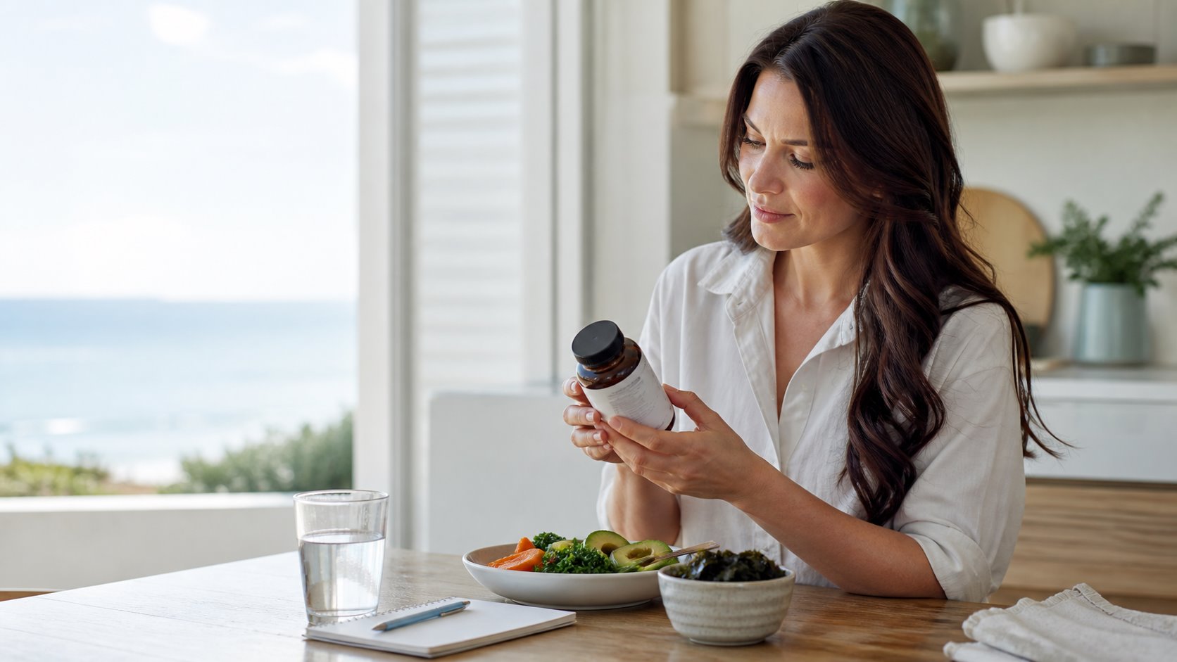 Customer reviewing a generic supplement bottle in a bright coastal kitchen with sea greens nearby