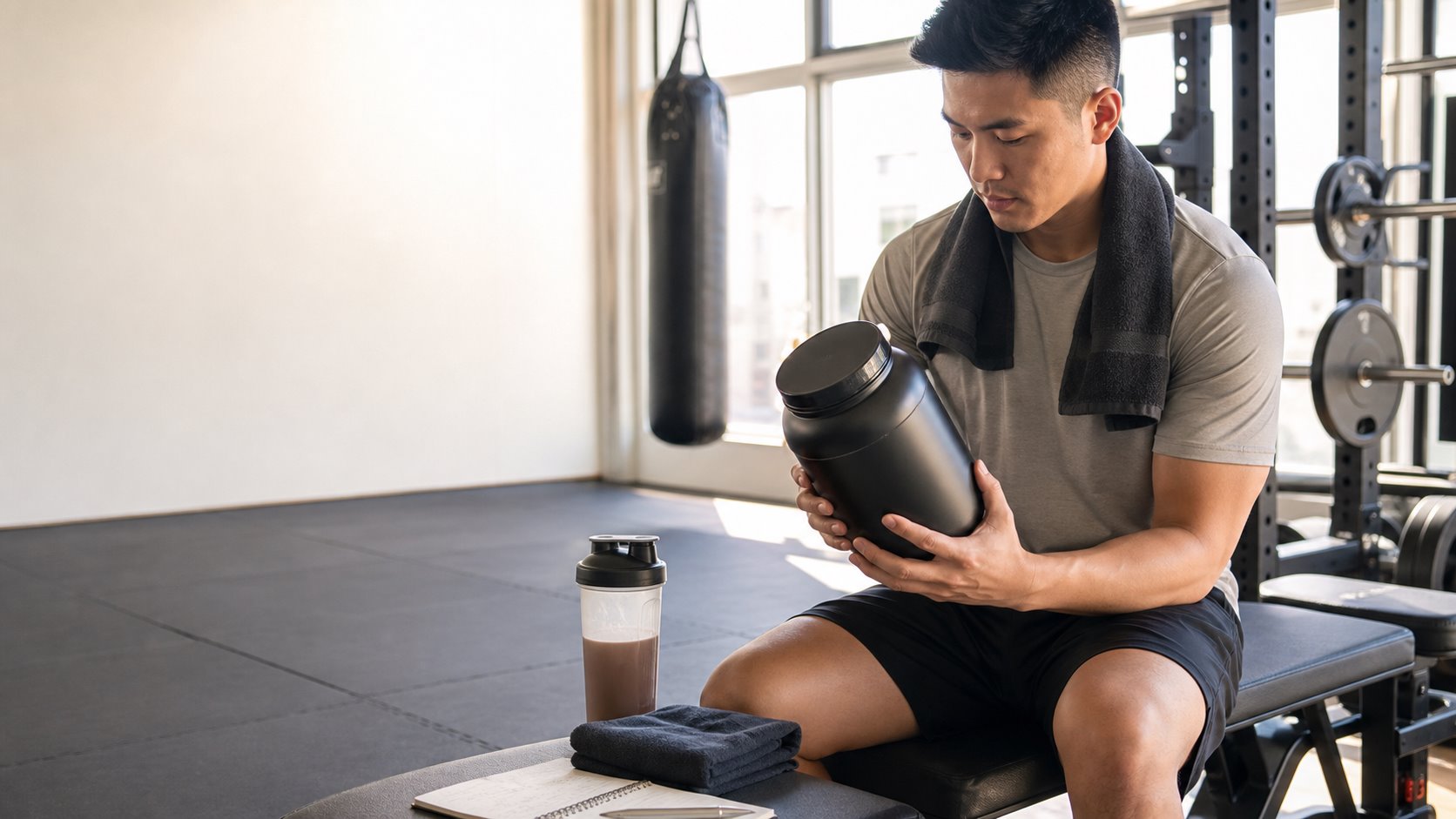 Athlete reviewing a generic protein container in a bright training facility
