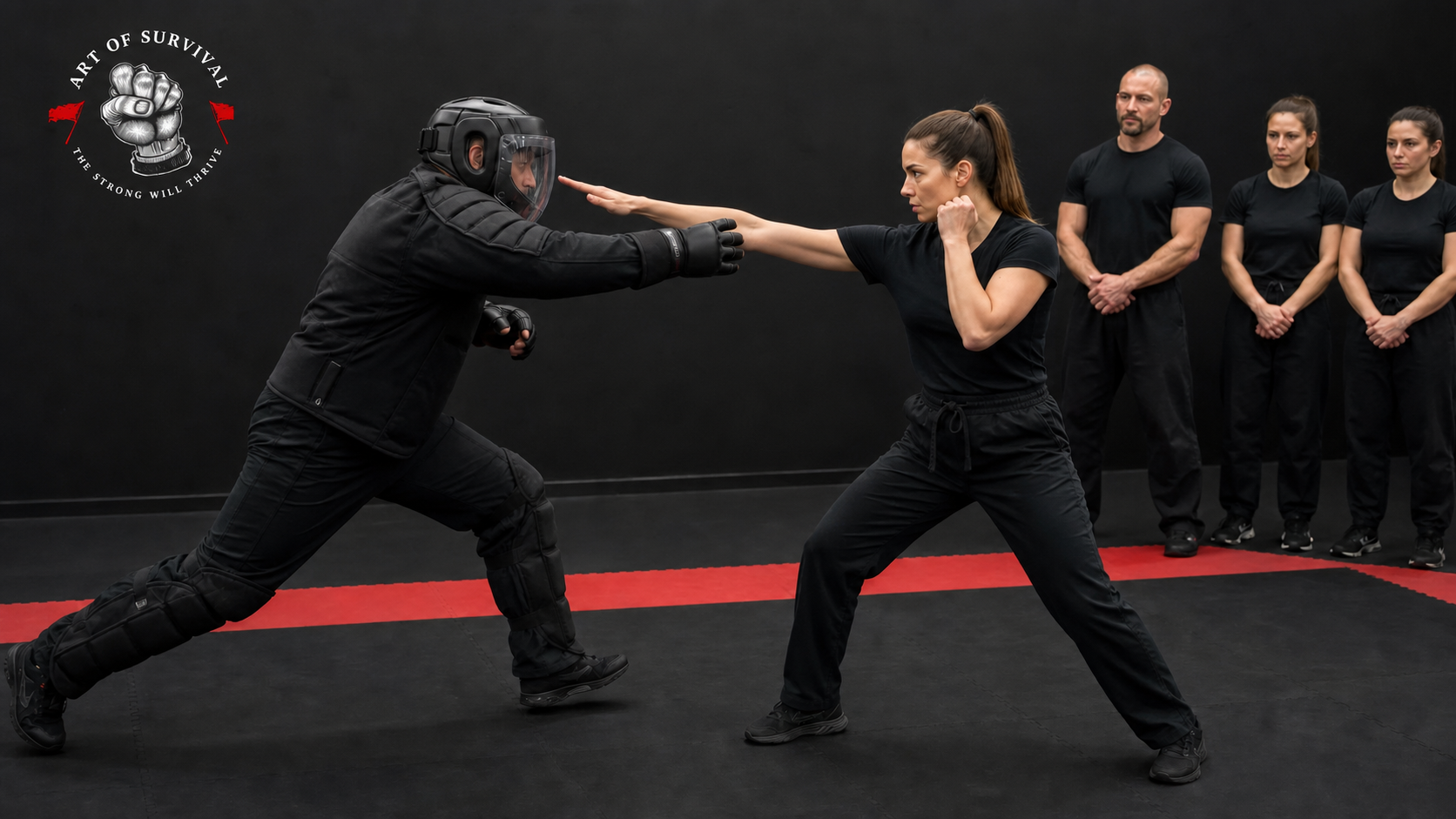 Woman practicing an eye-line defensive response against an advancing padded role-player under instructor supervision