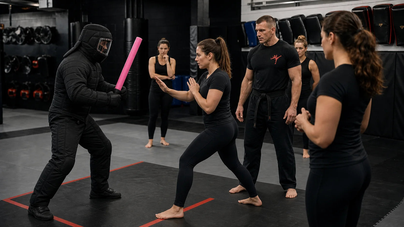 Woman in a balanced stance facing a fully padded role player with a bright-pink foam training baton while an athletic Art of Survival instructor supervises