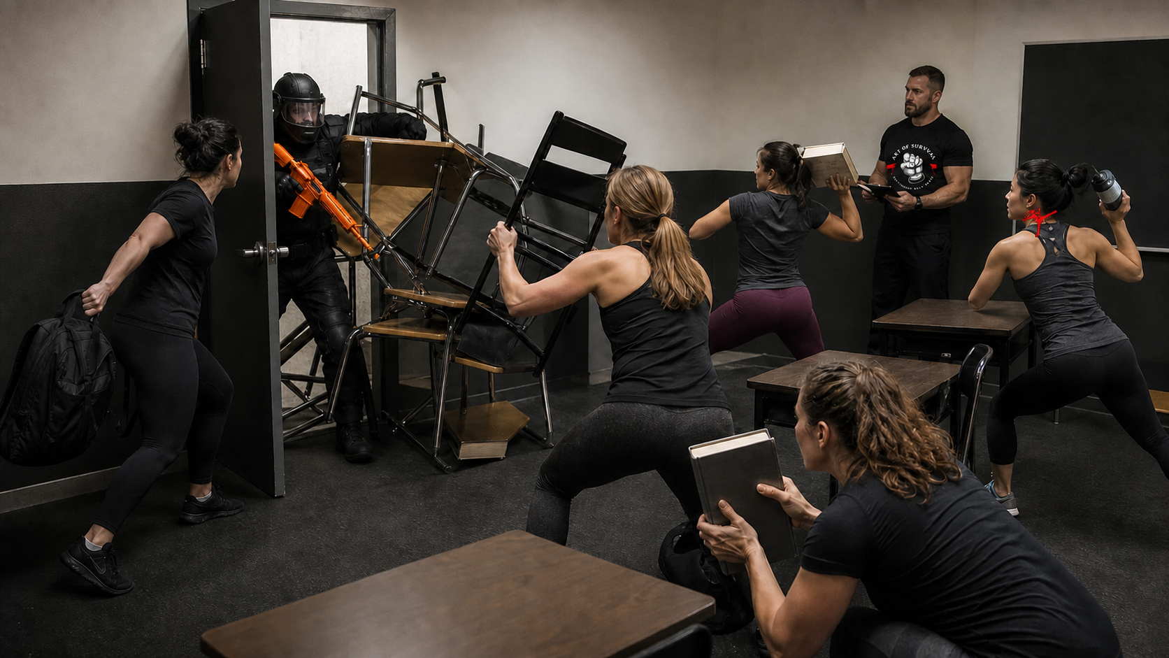 Supervised room-defense drill with a padded role-player carrying a bright-orange inert training prop entering through a desk-and-chair delay barrier while trainees hold improvised objects in coordinated ready positions