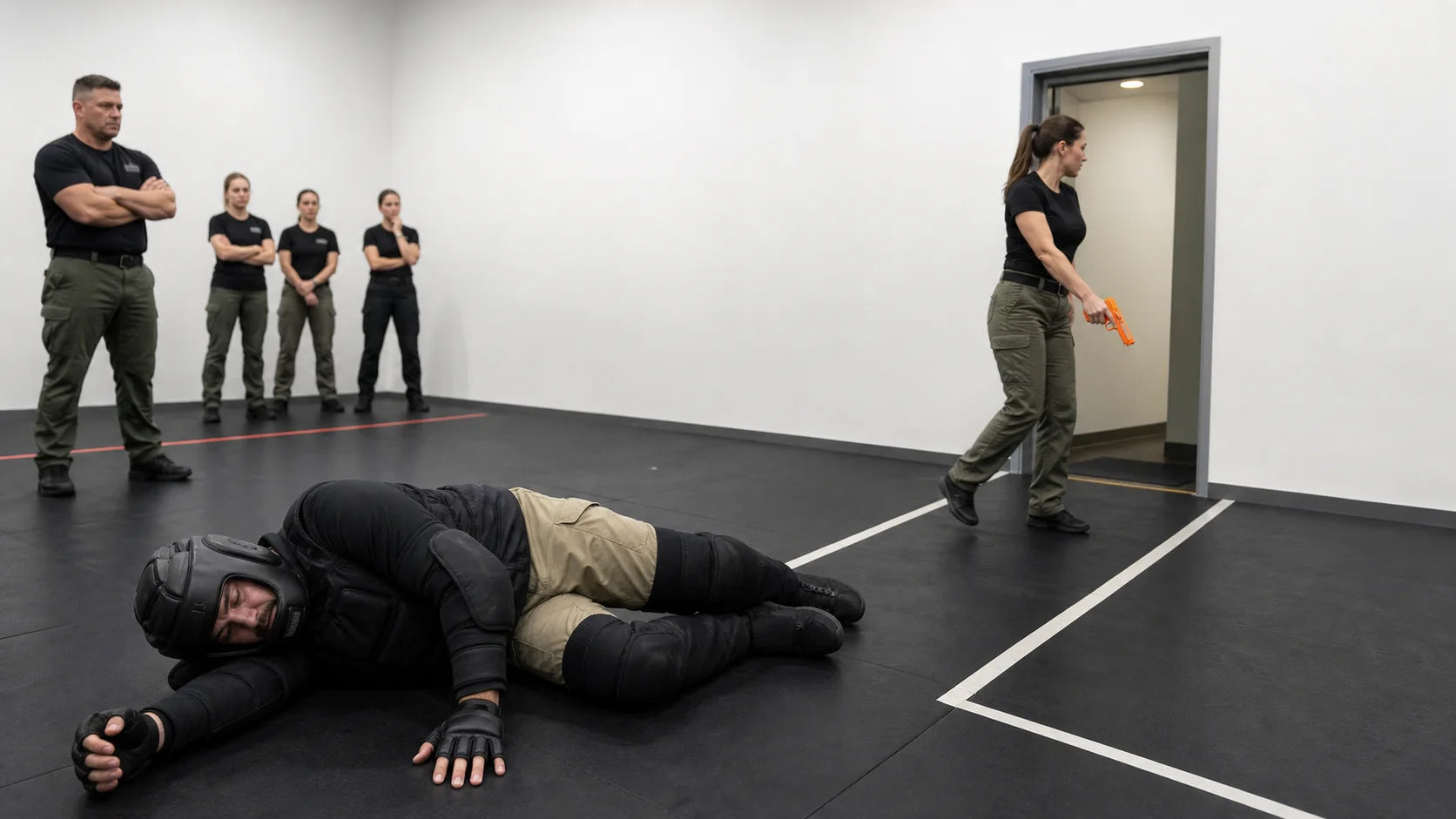 Protocol 32 training exercise with a woman moving toward an exit while a padded role player lies safely on his side