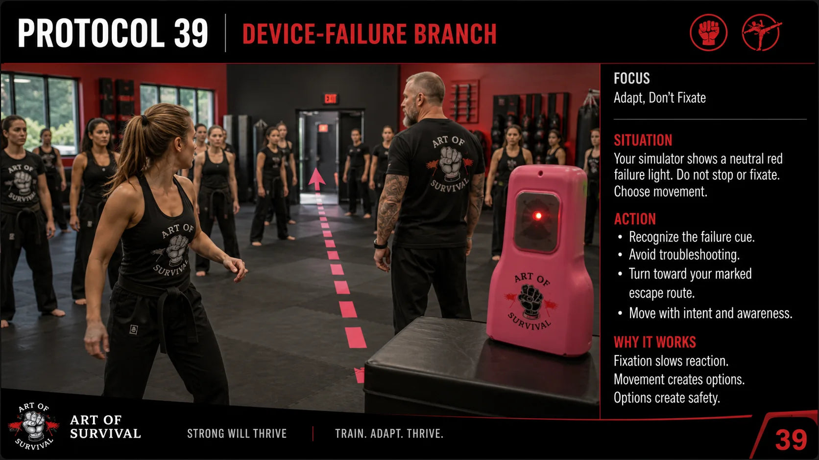 Protocol 39 training exercise in a supervised Art of Survival dojo