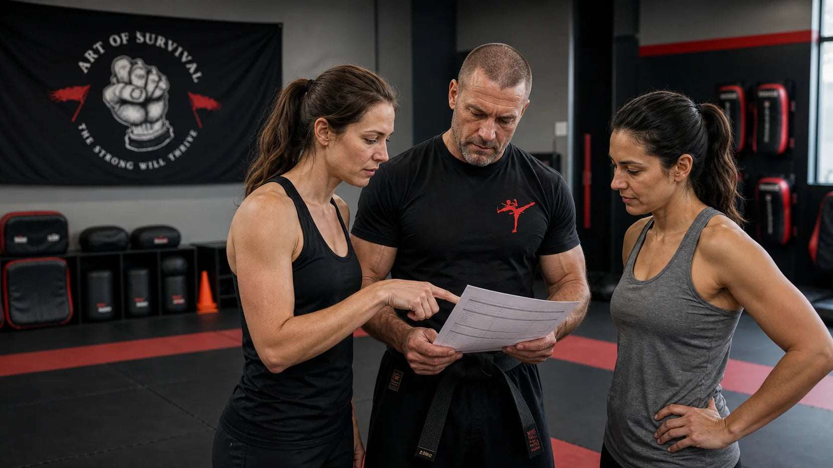 Muscular black-belt instructor and two women reviewing a training checklist beneath an Art of Survival fist flag
